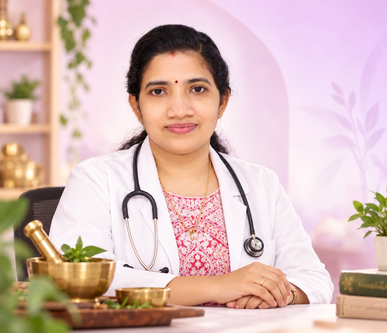Dr. Sreelakshmi seated at a desk, wearing a white coat and stethoscope